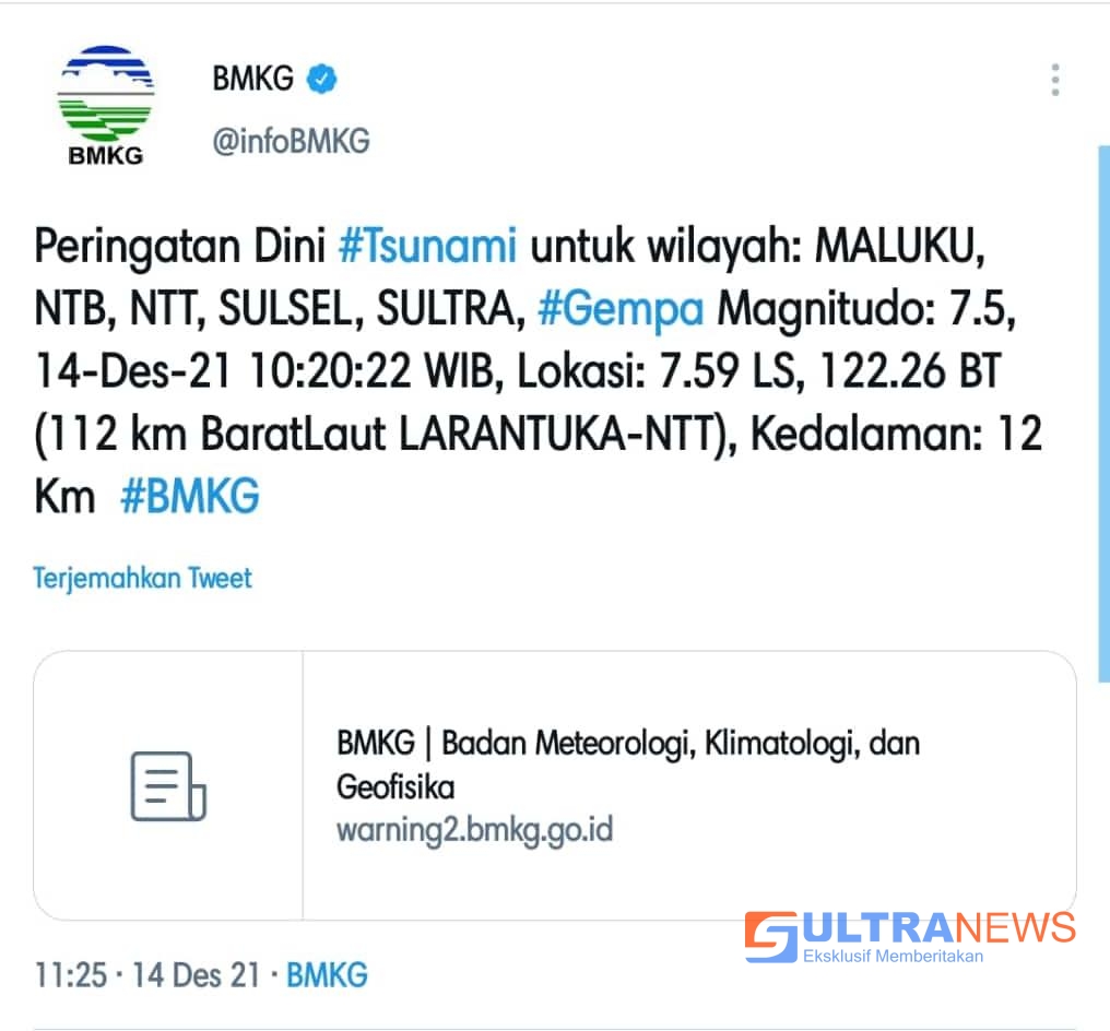 Breaking News: Gempa 7,5 SR, Sultra Masuk Peringatan Tsunami